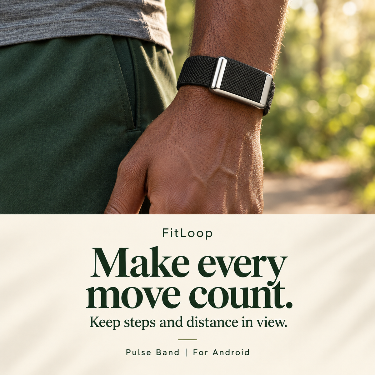 Black Pulse Band worn outdoors. Keep steps and distance in view. For Android.