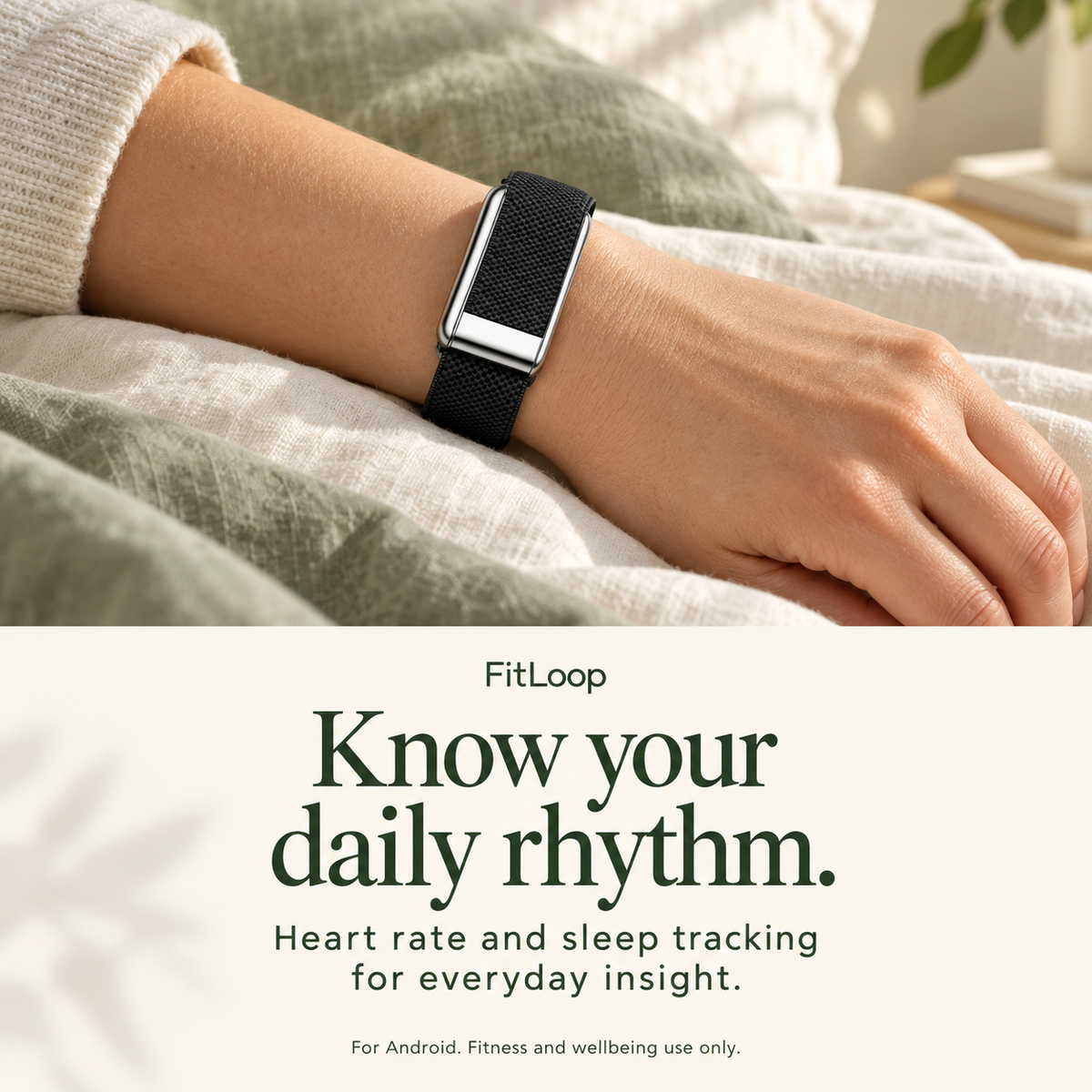 Black Pulse Band worn while resting. Heart rate and sleep tracking for everyday wellbeing. For Android.