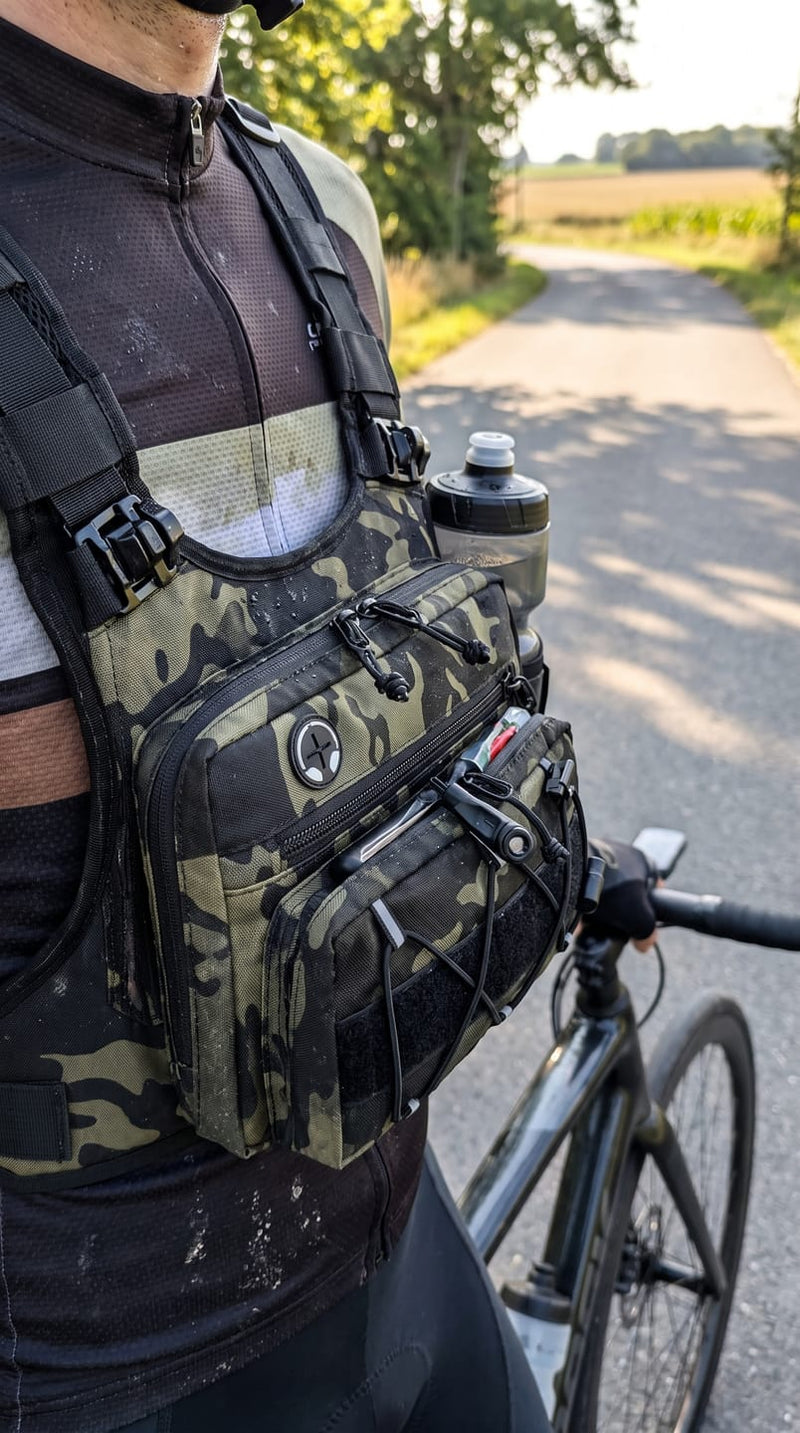 Camouflage hydration vest worn beside a bicycle