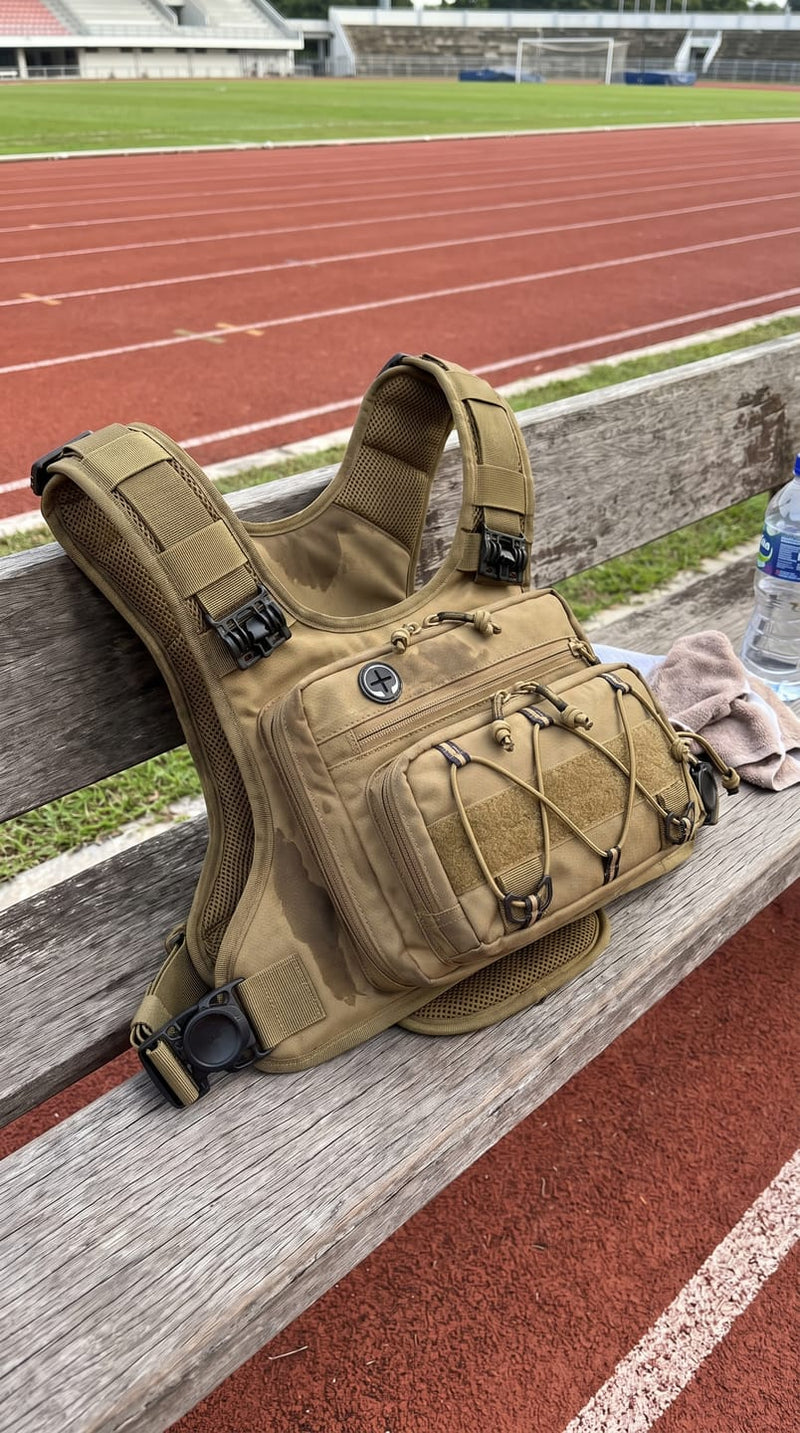 Tan hydration vest beside a running track