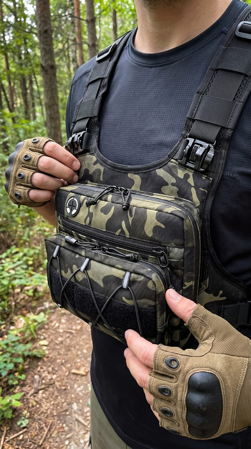 Camouflage hydration vest worn outdoors